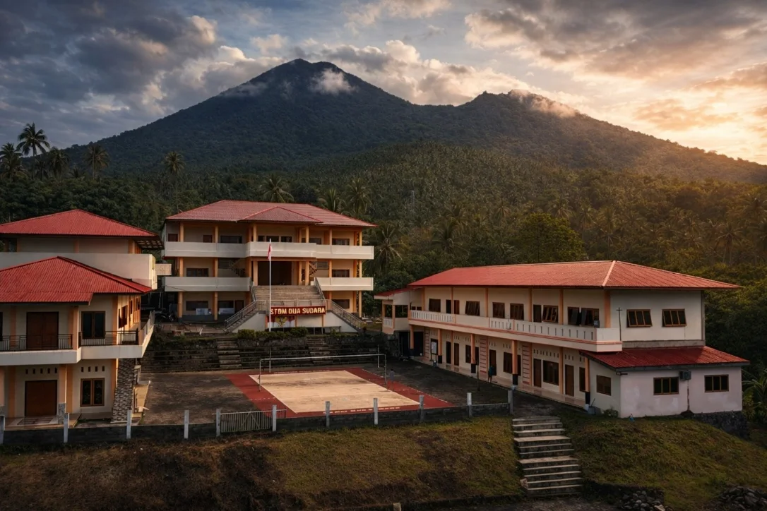 Gedung kampus STBM Dua Saudara Bitung dengan latar gunung