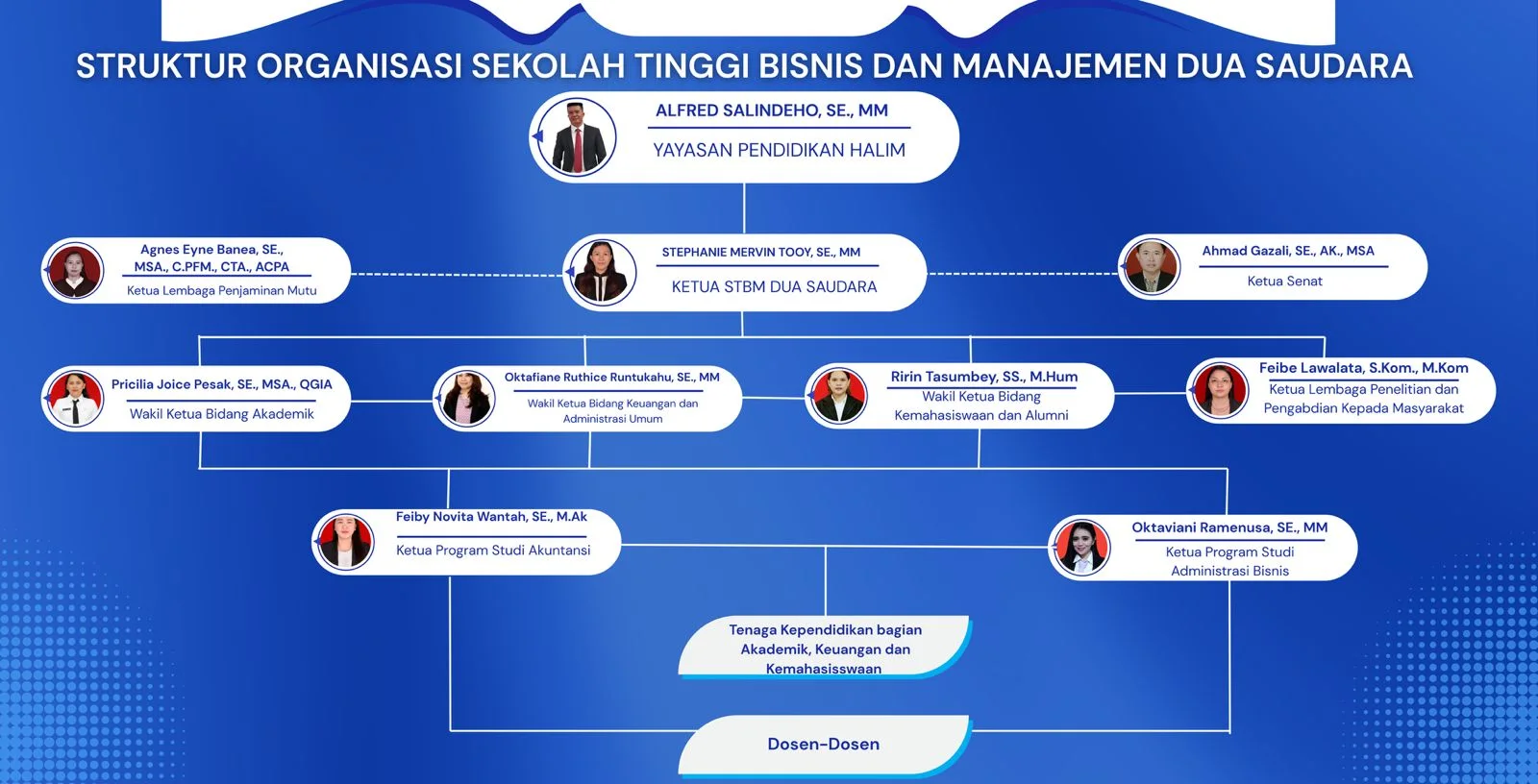 Bagan struktur organisasi STBM Dua Saudara: Yayasan Pendidikan Halim, Ketua STBM, wakil ketua, ketua program studi, lembaga, tenaga kependidikan, dan dosen
